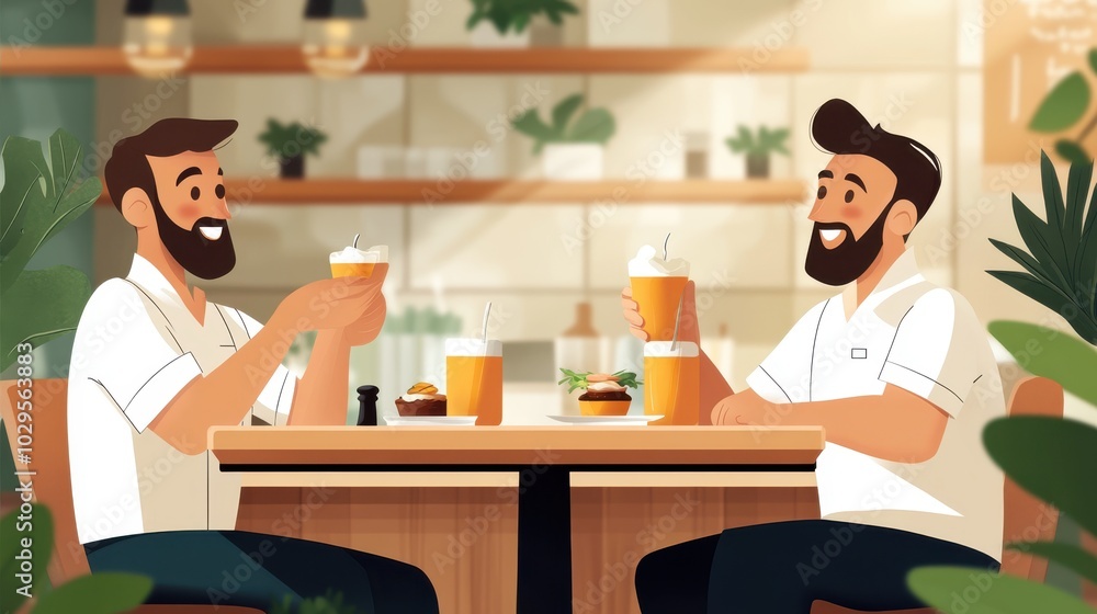 Two cartoon friends have a casual dining experience, enjoying burgers and beers in a cozy setting, reflecting friendship and comfort in shared moments. Two cartoon friends have a casual dining experience, enjoying burgers and beers in a cozy setting, reflecting friendship and comfort in shared moments.