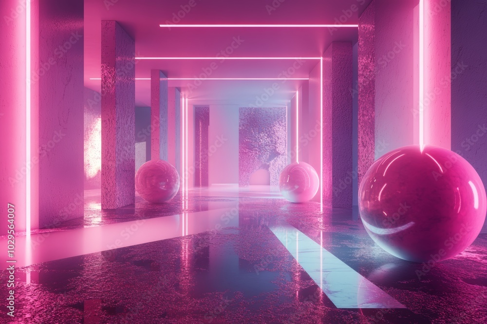 Futuristic Neon Corridor with Reflective Spheres in Pink Glow Futuristic Neon Corridor with Reflective Spheres in Pink Glow