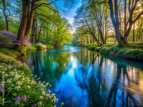 Serene Blue River Flowing Through Spring Forest - Low Light Photography