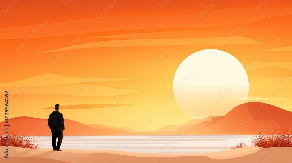 A person stands alone watching a peaceful sunset over a vast expanse of water, evoking feelings of solitude and contemplation under a vibrant orange sky. A person stands alone watching a peaceful sunset over a vast expanse of water, evoking feelings of solitude and contemplation under a vibrant orange sky.