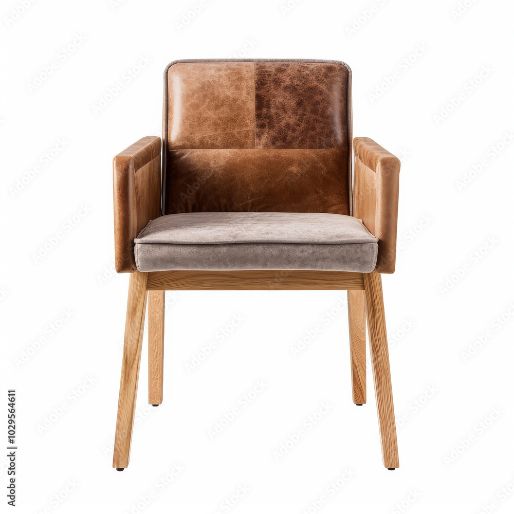 Fototapeta premium Elegant Modern Leather and Fabric Armchair with Wooden Legs - Ideal for Contemporary Living Spaces and Offices