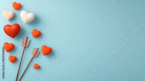 A whimsical flat lay of Cupid’s arrow and heart-themed decorations, arranged with a clear space for Valentine’s Day messages.