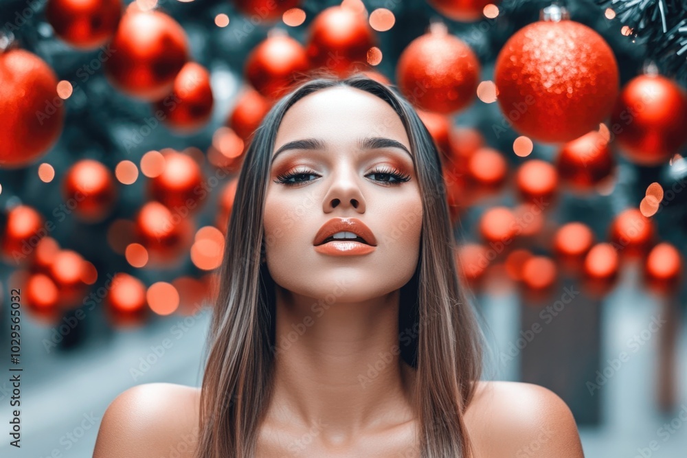 Festive beauty portrait with red holiday ornaments in background Festive beauty portrait with red holiday ornaments in background