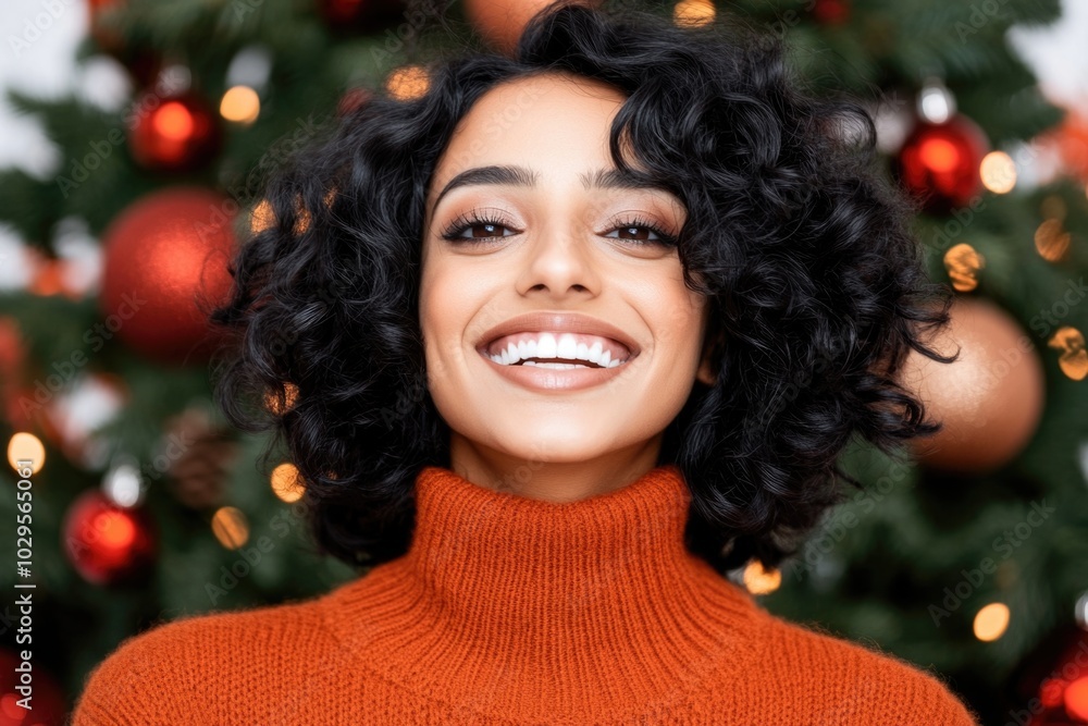 Joyful woman with curly hair smiling in front of holiday decorated christmas tree Joyful woman with curly hair smiling in front of holiday decorated christmas tree