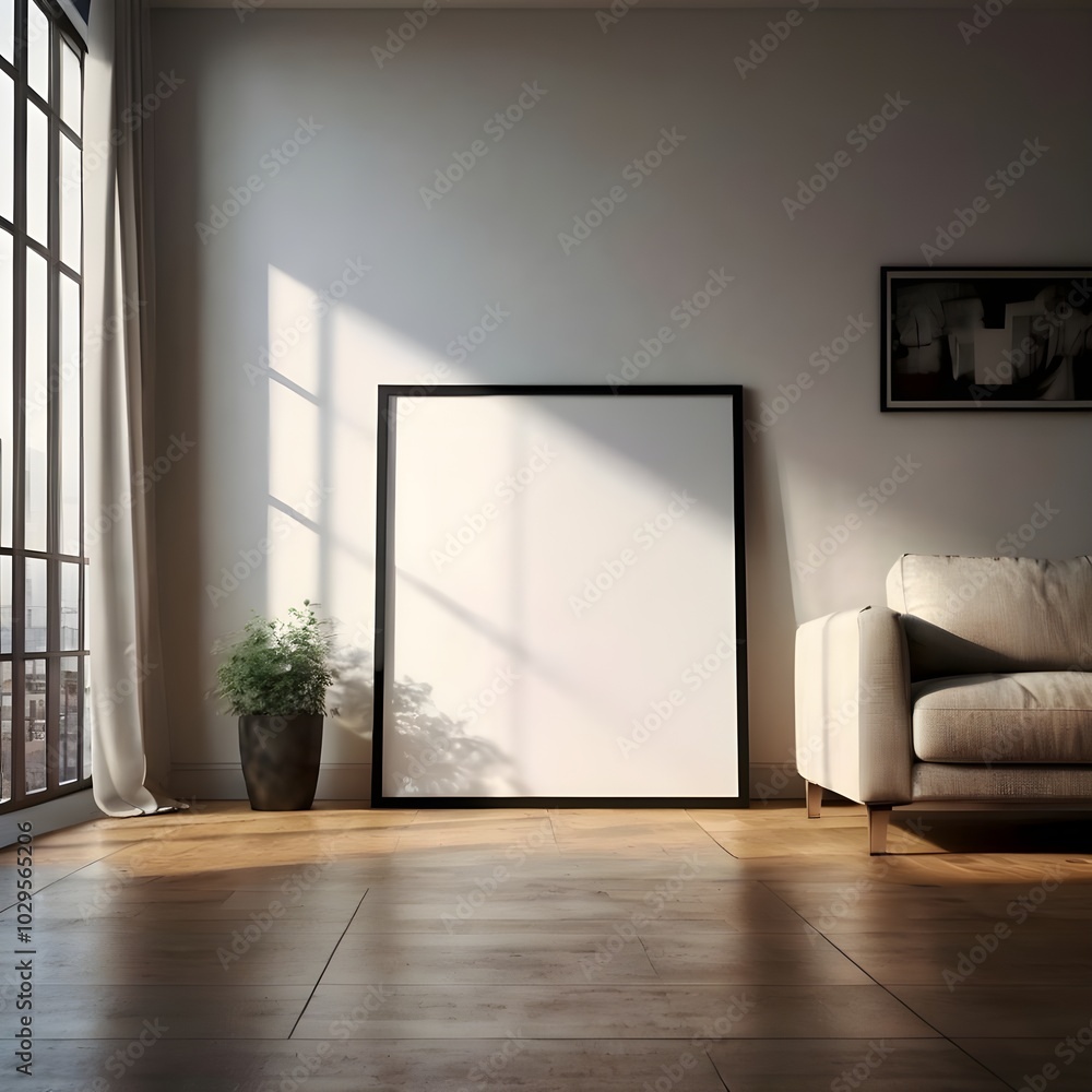 Fototapeta premium A serene and empty interior room featuring a window and wooden parquet flooring, showcasing modern architecture and ample natural light