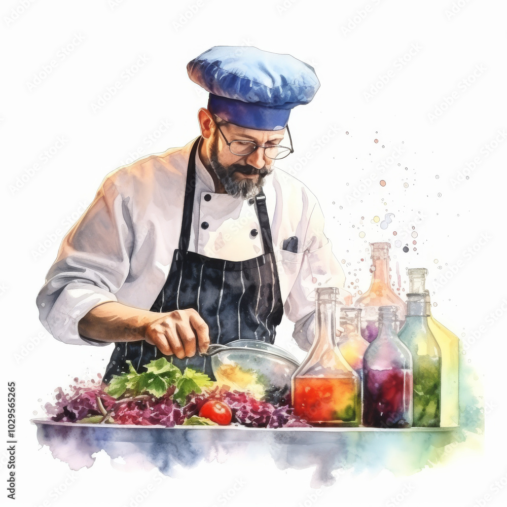 Watercolor Illustration of Chef Preparing a Salad with Vibrant Dressing Bottles, Perfect for Culinary Arts and Food Blog Designs Watercolor Illustration of Chef Preparing a Salad with Vibrant Dressing Bottles, Perfect for Culinary Arts and Food Blog Designs