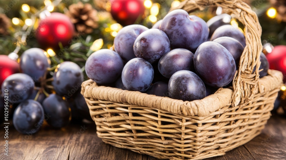 Festive basket of fresh plums with holiday decor in background