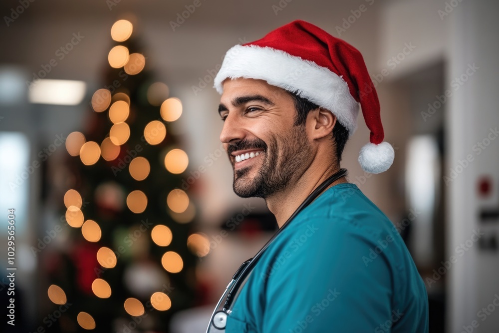 Smiling healthcare worker wearing santa hat near decorated christmas tree Smiling healthcare worker wearing santa hat near decorated christmas tree