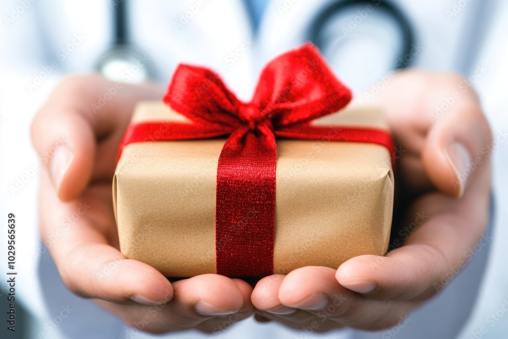 Doctor presenting gift box with red ribbon: health care and gratitude concept Doctor presenting gift box with red ribbon: health care and gratitude concept