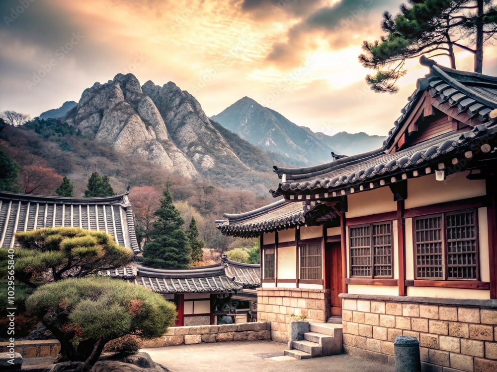 Fototapeta premium Serene Korean Landscape with Hanok and Majestic Mountains for Traditional Art Lovers