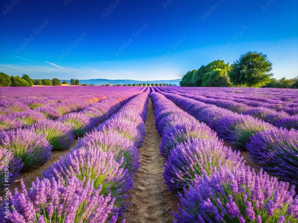 Obraz premium Serene Lavender Field Under Clear Sky - Stunning Nature Landscape for Travel and Relaxation