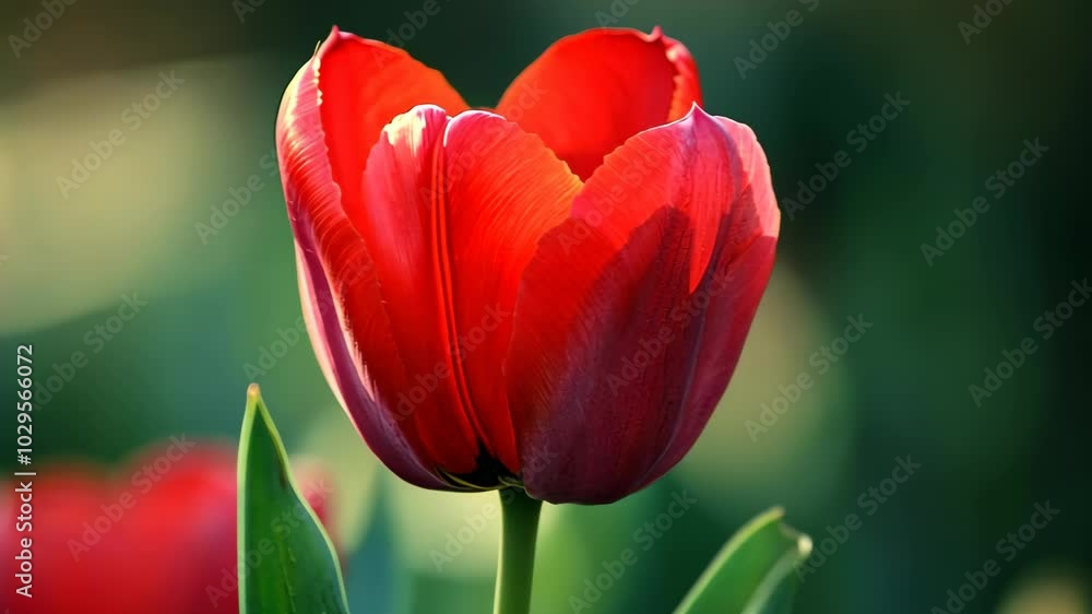 A single red tulip blooms in a garden on a sunny day A single red tulip blooms in a garden on a sunny day