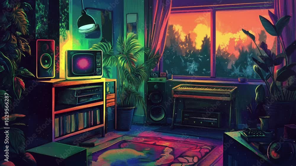 This cozy room features retro electronics, lush plants, and a stunning sunset view through the window, creating a warm and inviting ambiance, lofi style, particles This cozy room features retro electronics, lush plants, and a stunning sunset view through the window, creating a warm and inviting ambiance, lofi style, particles
