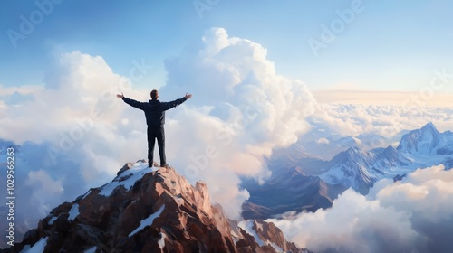 A person standing triumphantly on a mountain peak, with arms outstretched against a backdrop of dramatic clouds at sunrise