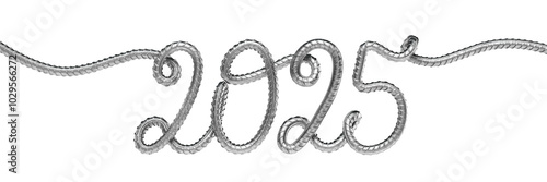 New Year 2025. Numbers are bent from steel reinforcement. Construction concept. Transparent background. 3D rendering