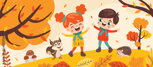 Autumn Illustration With Cartoon Kids