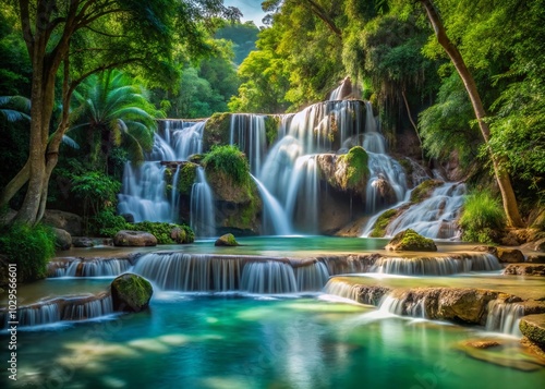 Serene Minimalist Waterfall in Tat Kuang Si Rainforest, Luang Prabang - Nature's Tranquil Beauty