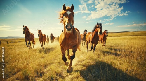 A Herd of Horses Galloping Through a Golden Field photo