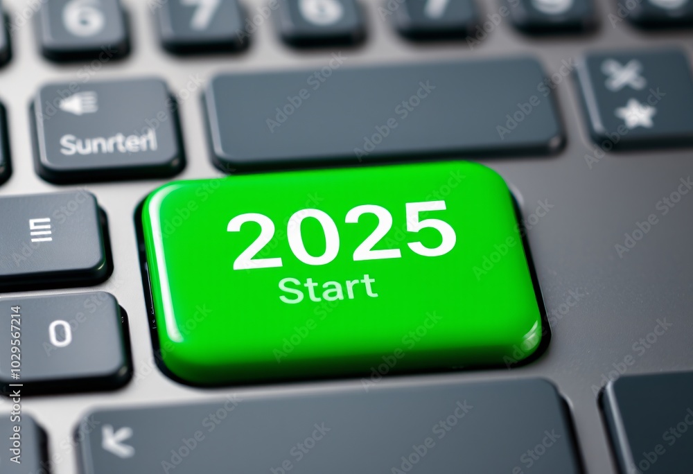 A vibrant green button labeled 'Start 2025' on a keyboard, symbolizing the excitement of new beginnings for the Happy New Year 2025 celebration, created with generative AI. A vibrant green button labeled 'Start 2025' on a keyboard, symbolizing the excitement of new beginnings for the Happy New Year 2025 celebration, created with generative AI.