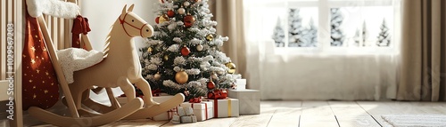 Cozy holiday scene featuring a wooden rocking horse next to a beautifully decorated Christmas tree and bright, festive atmosphere. photo