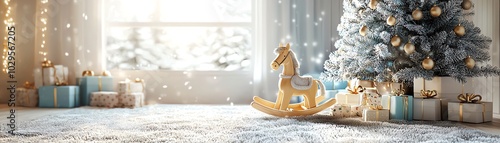 A cozy, festive living room decorated for Christmas with a tree, gifts, and a rocking horse, creating a joyful holiday atmosphere. photo