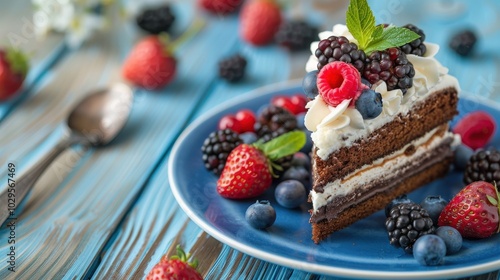 Decadent Chocolate Cake with Whipped Cream and Berries on Rustic Blue Surface