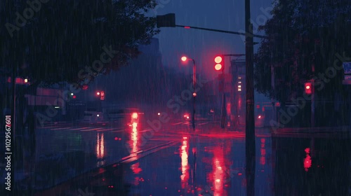 A nighttime cityscape under heavy rain showcases streets shimmering with reflections while red traffic lights illuminate the scene in a moody ambiance, it's raining, lofi style