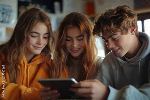 friends using digital tablet. students with computer. group of teenagers watching on laptop. AI Generated