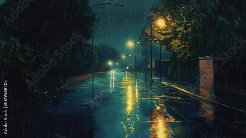 Raindrops fall steadily on an empty street, reflecting the soft glow of streetlights and creating a tranquil atmosphere during a calm nighttime scene, it's raining, lofi style