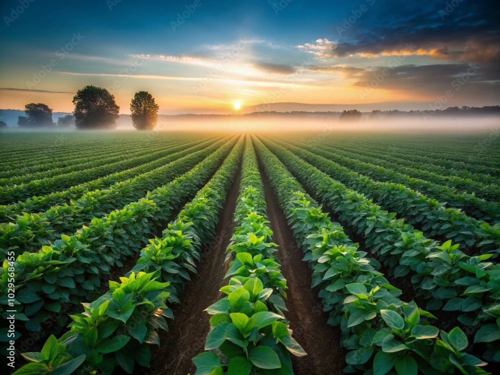 Serene Soybean Fields in Foggy Morning Light - A Peaceful Agricultural Landscape Serene Soybean Fields in Foggy Morning Light - A Peaceful Agricultural Landscape