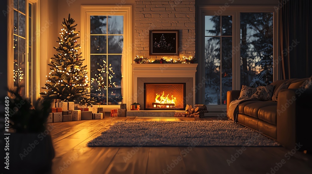 Cozy winter living room with a glowing fireplace, decorated tree, and warm lights, perfect for holiday gatherings. Cozy winter living room with a glowing fireplace, decorated tree, and warm lights, perfect for holiday gatherings.