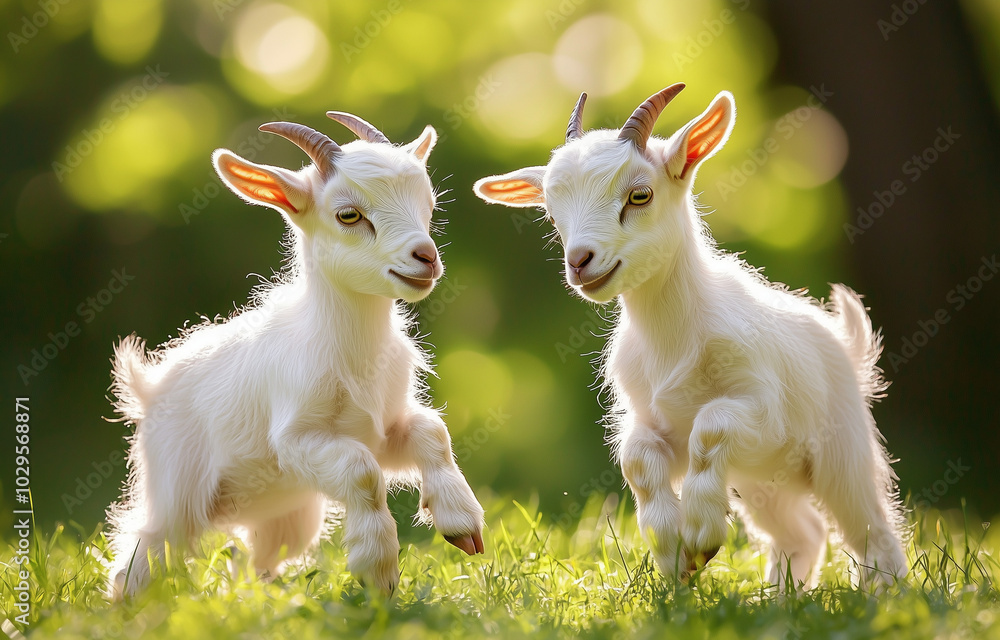 Fototapeta premium Two white goats playing in the grass. Two little babies, cute friends.