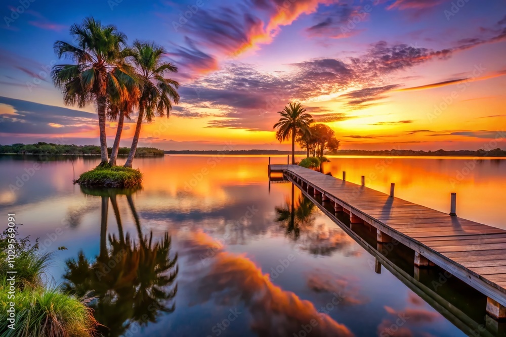 Serene Sunset Reflections on Florida Lake Dock Serene Sunset Reflections on Florida Lake Dock