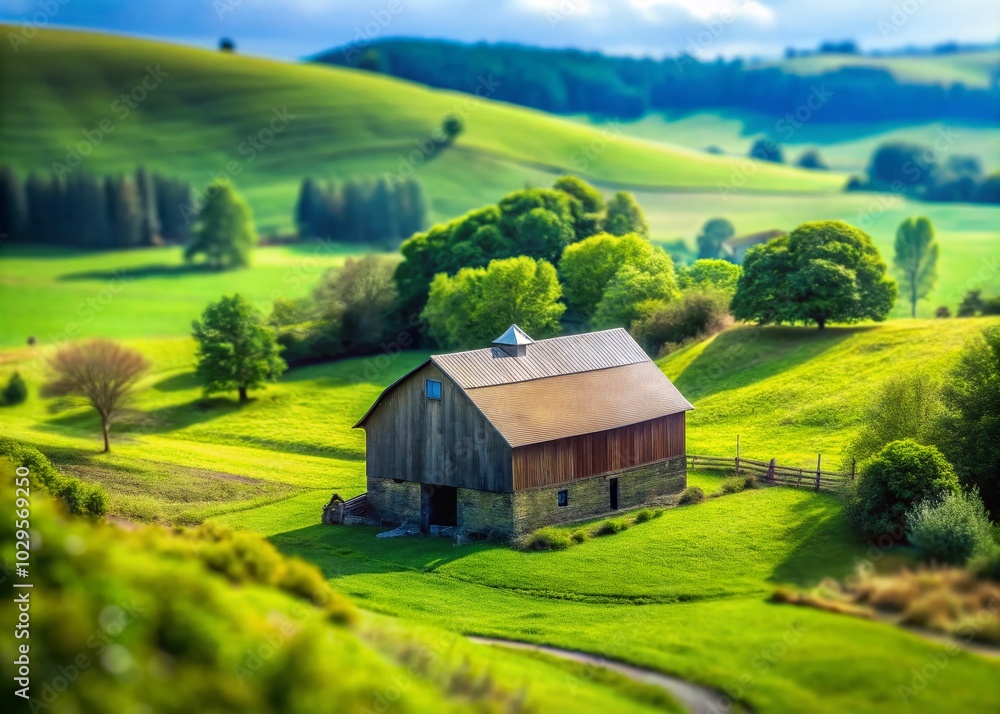 Serene Tilt-Shift Landscape with Barn Amidst Rolling Hills and Lush Greenery Serene Tilt-Shift Landscape with Barn Amidst Rolling Hills and Lush Greenery
