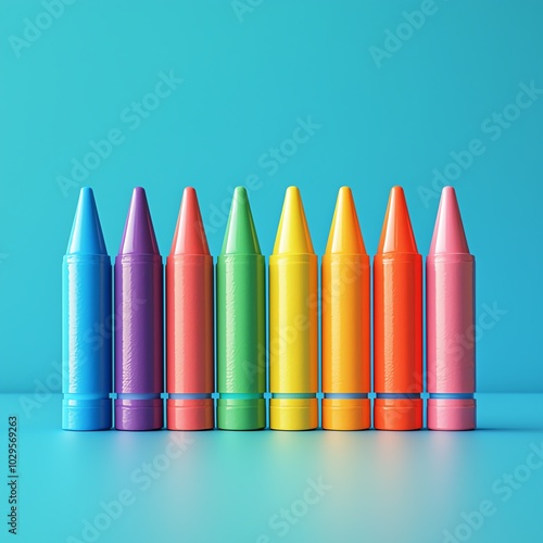 A vibrant collection of colorful crayons arranged in a line against a bright blue background, perfect for art and creativity themes.