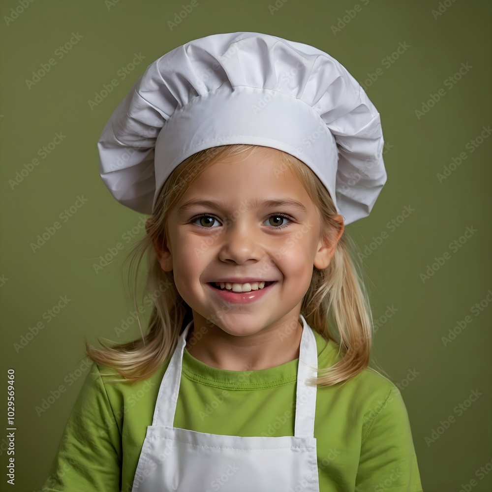 girl blond child chef green background girl blond child chef green background