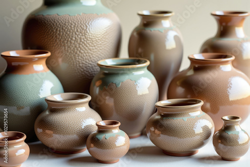 Collection of ceramic vases with intricate textured designs standing on white surface