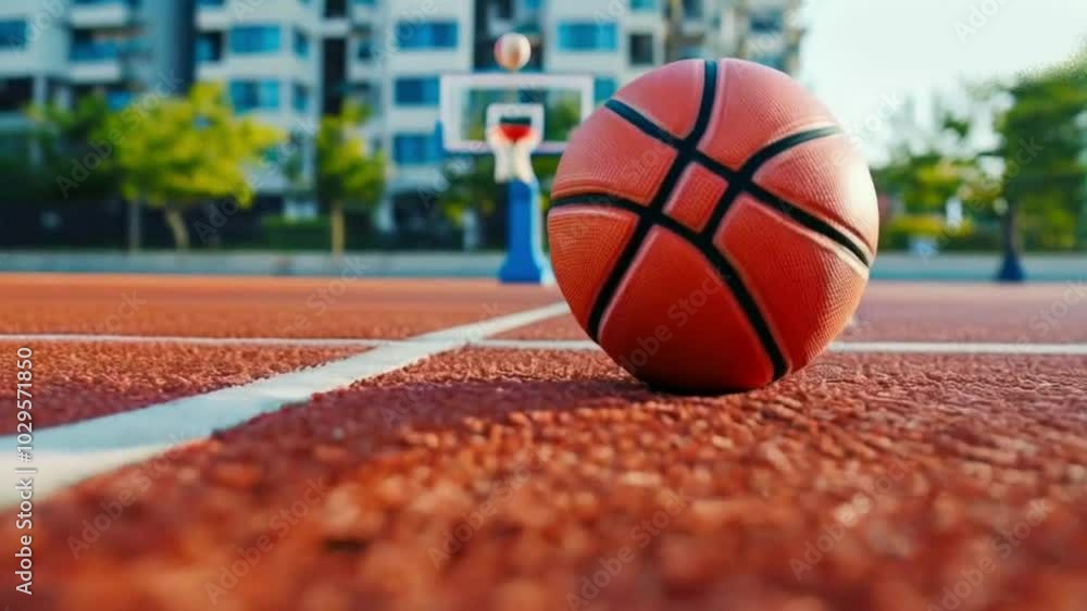 A Basketball ball on the ground. Close-up ball on the red court. Basketball on the street or indoor court. Sports gear without people. Minimalism. Template, sport High quality HD 4K video CLIP A Basketball ball on the ground. Close-up ball on the red court. Basketball on the street or indoor court. Sports gear without people. Minimalism. Template, sport High quality HD 4K video CLIP