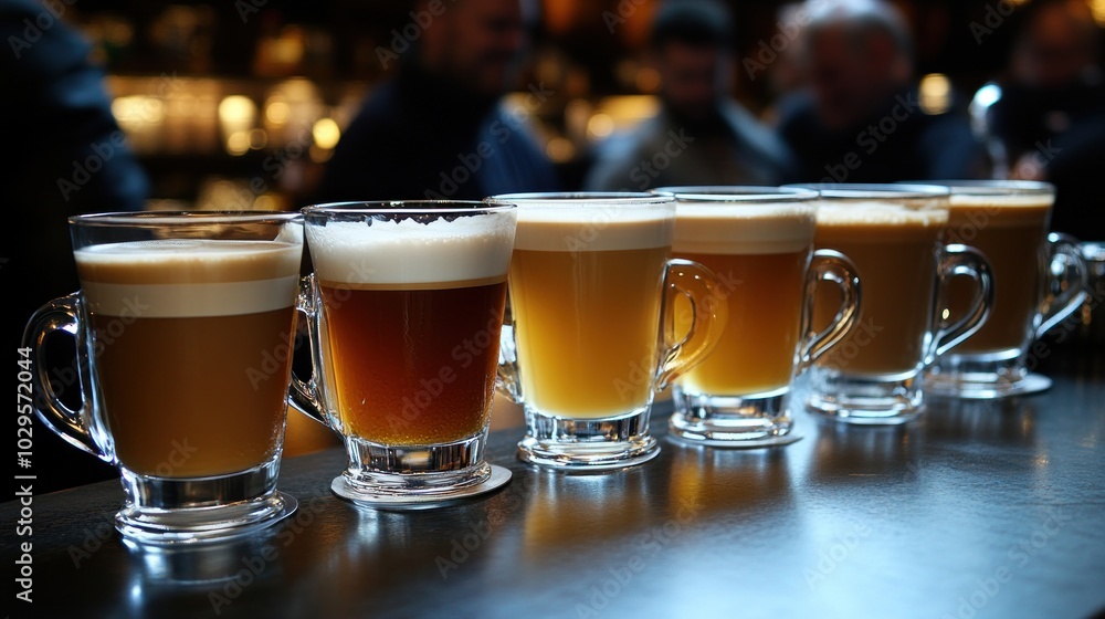 Six Glass Mugs of Coffee with Cream and Foam on a Bar Counter Six Glass Mugs of Coffee with Cream and Foam on a Bar Counter