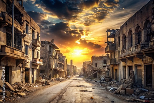 Silhouette of an Empty Street in a War-Destroyed City Landscape