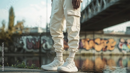 A person wearing cream-colored cargo pants and white sneakers stands by a river with colorful graffiti in the background. The scene reflects an urban vibe.