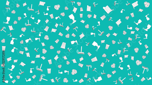  Abstract background contains Clean icon a broom, trash can, plate, sprayer, dishwashing sponge with outline suitable for banner or marketing poster about activities house cleaning