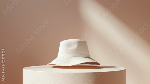 A stylish bucket hat placed on a cylindrical pedestal against a soft beige background, showcasing its design and texture beautifully. photo