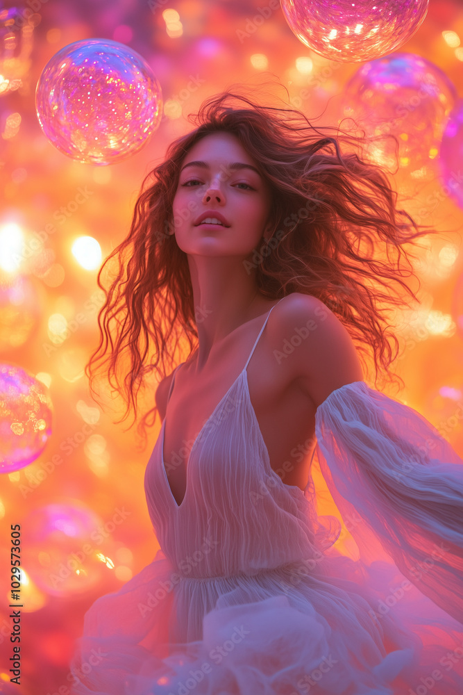 Naklejka premium Beautiful young woman dancing with soap bubbles in neon light
