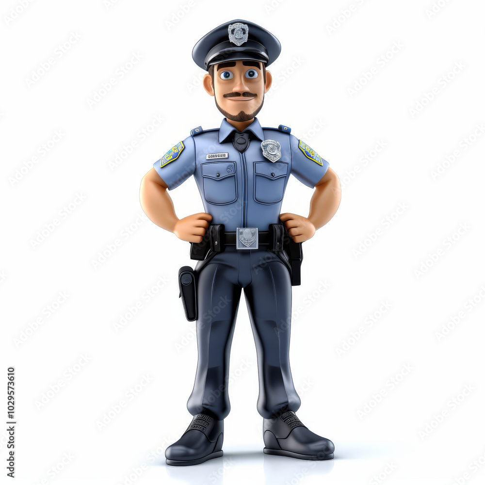 Friendly Cartoon Police Officer Illustration in Uniform with Hands on Hips - Security and Law Enforcement Concept Friendly Cartoon Police Officer Illustration in Uniform with Hands on Hips - Security and Law Enforcement Concept