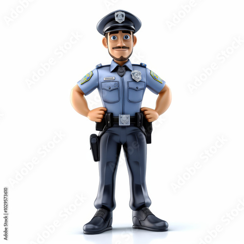 Friendly Cartoon Police Officer Illustration in Uniform with Hands on Hips - Security and Law Enforcement Concept