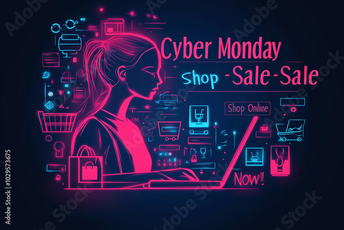 A woman shopping online during Cyber Monday sales at night, surrounded by bright digital shopping icons and offers
