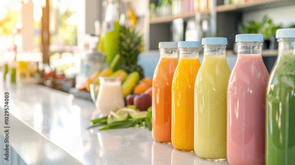 Colorful fresh fruit smoothies in glass bottles on a bright kitchen counter. Healthy organic drinks with fruits visible in the background. Colorful fresh fruit smoothies in glass bottles on a bright kitchen counter. Healthy organic drinks with fruits visible in the background.