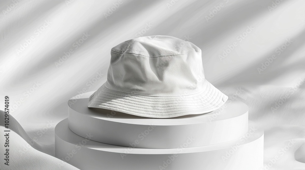 A stylish white bucket hat showcased on a smooth pedestal, creating an elegant and modern product display in a minimalistic setting. A stylish white bucket hat showcased on a smooth pedestal, creating an elegant and modern product display in a minimalistic setting.