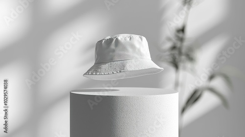 A minimalist white bucket hat is displayed on a round pedestal. The background features soft shadows and gentle greenery, adding a serene ambiance to the design.